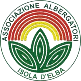 Logo dell'Associazione Albergatori Isola d'Elba con arcobaleno e foglie verdi stilizzate